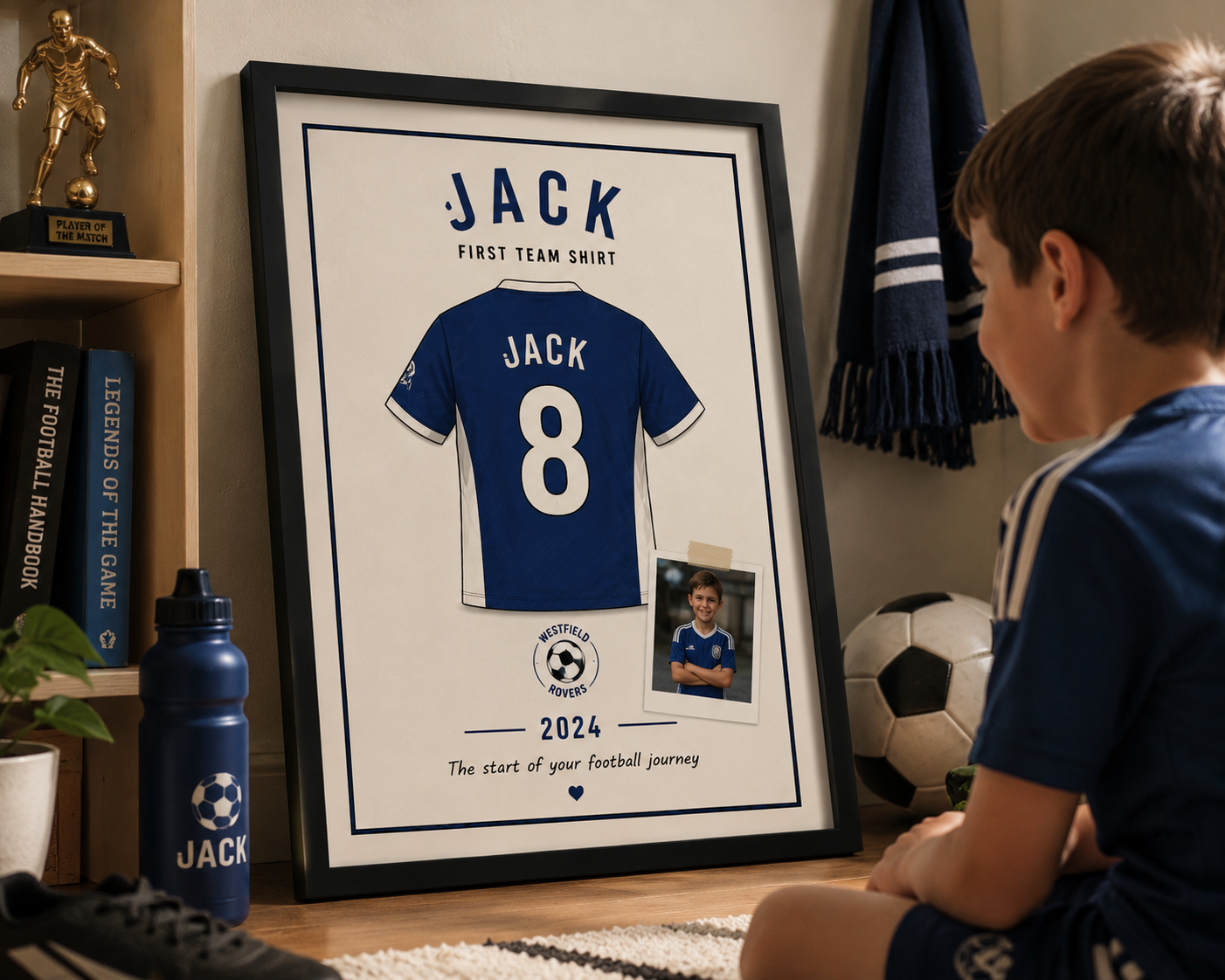 A framed personalised football shirt print on a child's bedroom wall