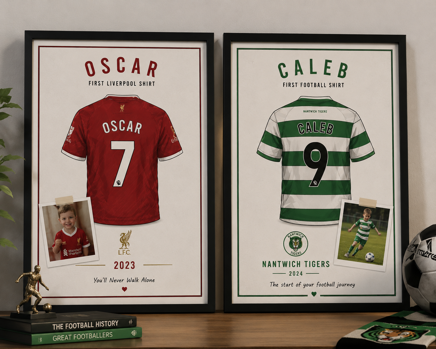 Two framed personalised football shirt prints displayed on a shelf